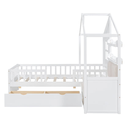 Twin Size House Bed With Sofa, Kids Platform Bed With 2 Drawers And Storage Shelf - White