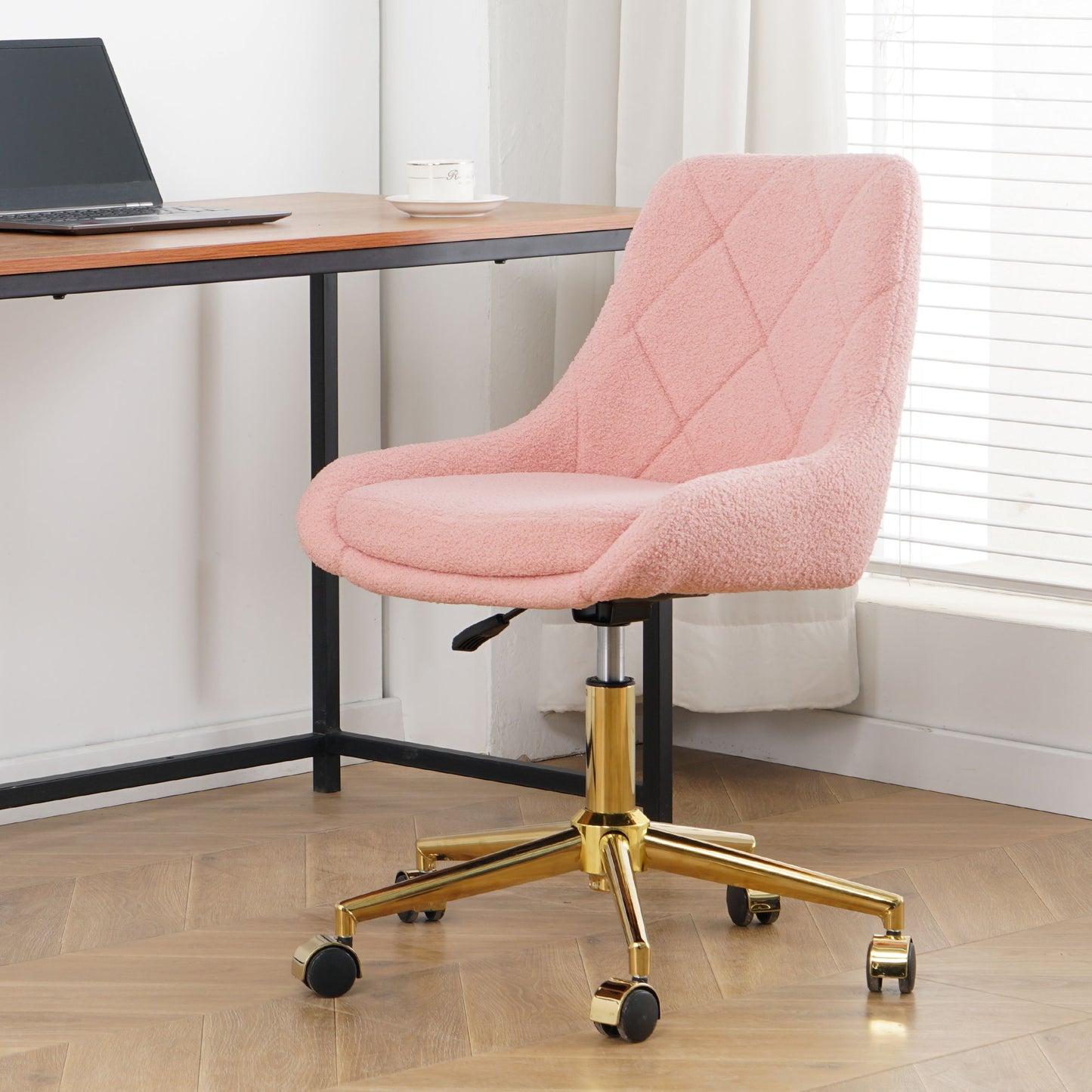 Modern Teddy Fleece Fabric Living Room Furniture Dining Chair With Gold Legs, Soft And Comfortable, Adjustable, Space Saving - Pink