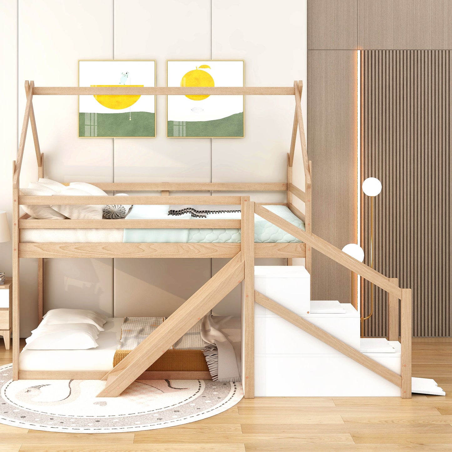 Twin Over Twin House Loft Or Bunk Bed With Slide And Staircase - Natural
