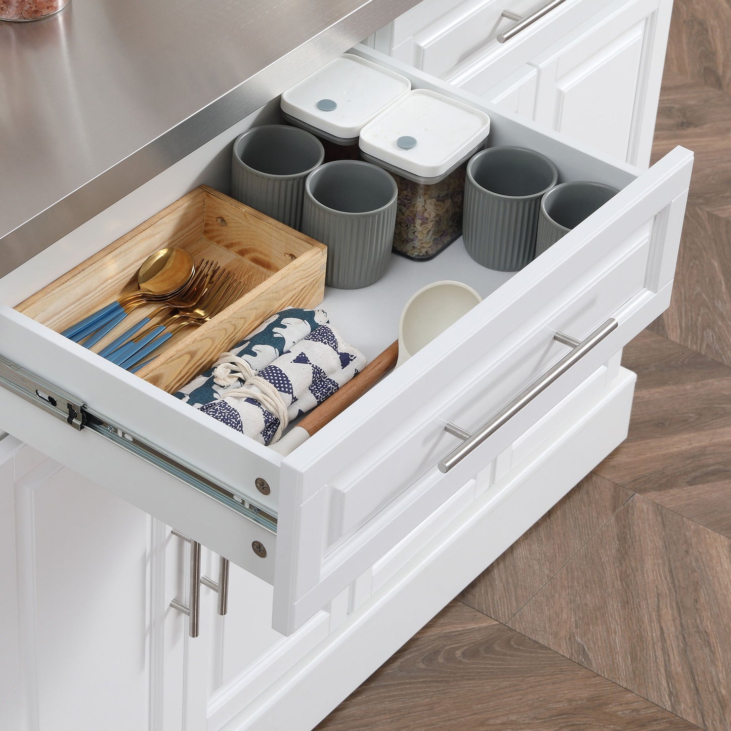 Homcom - Rolling Kitchen Island With Storage, Portable Kitchen Cart With Stainless Steel Top, 2 Drawers, Spice, Knife And Towel Rack And Cabinets - White