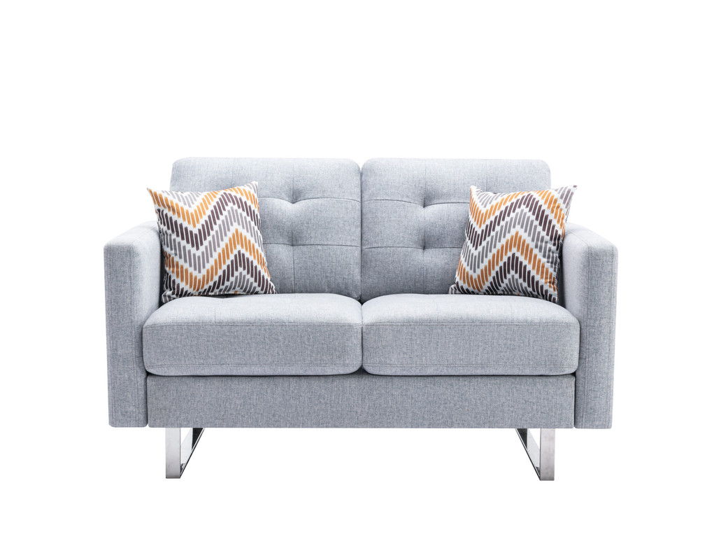 Victoria - Linen Fabric Loveseat With Metal Legs, Side Pockets, And Pillows - Light Gray