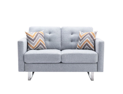 Victoria - Linen Fabric Loveseat With Metal Legs, Side Pockets, And Pillows - Light Gray
