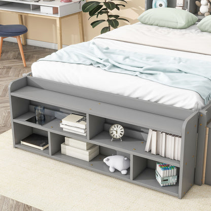 Full Bed With Bookcase Headboard, Under Bed Storage Drawers And Bed End Storage Case - Gray