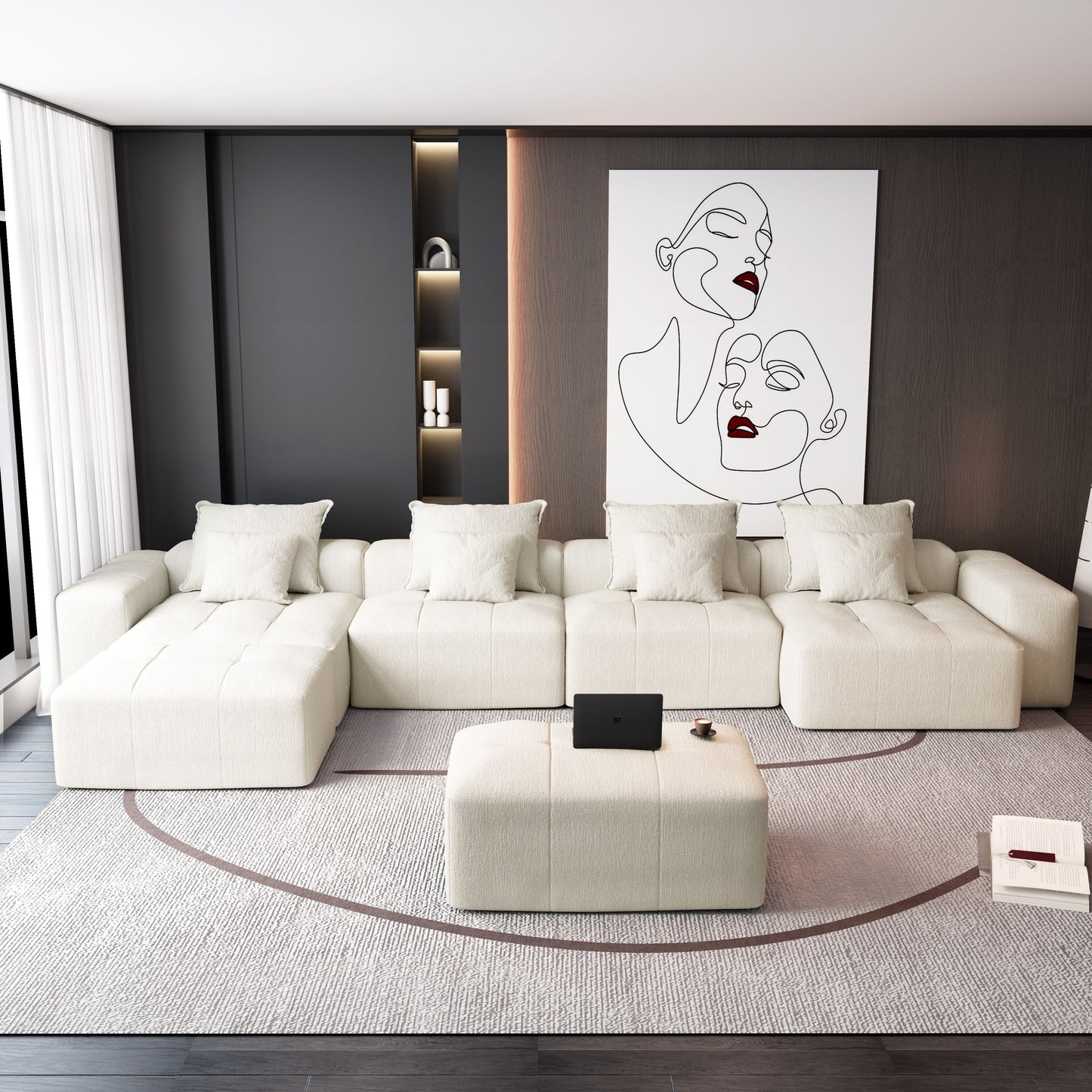 Modern Oversized Modular Sectional Sofa, Sparkling Chenille Fabric Soft Cushion Sofa With 8 Pillows, 8 Pieces Diy Combination Tufted Sofa, No Assembly Required - Beige