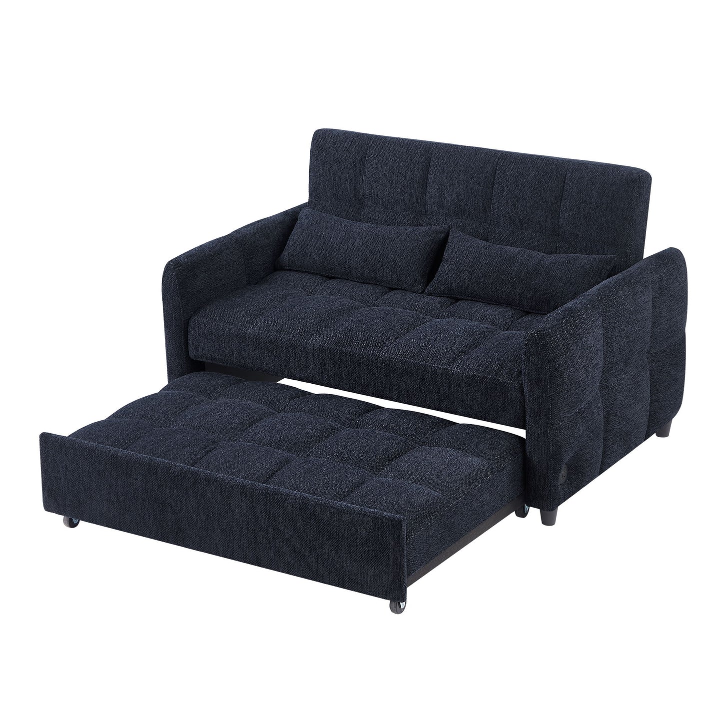 Loveseat Sofa Pull Out Sofa Bed Tufted Sleeper Sofa With An Adjustable Backrest, 3 USB Ports And 2 Lumbar Pillows For Living Room - Blue
