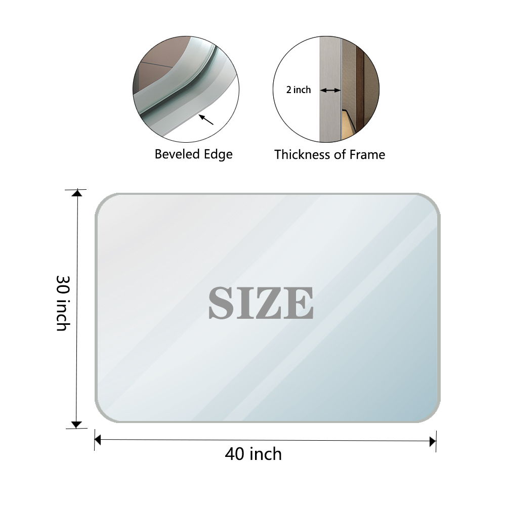 40X30" Brushed Silver Rounded Corner Rectangle Bathroom Mirror For Wall Metal Frame Wall Mounted Bathroom Mirror Vanity Bathroom Mirror (Horizontal & Vertical) - Silver