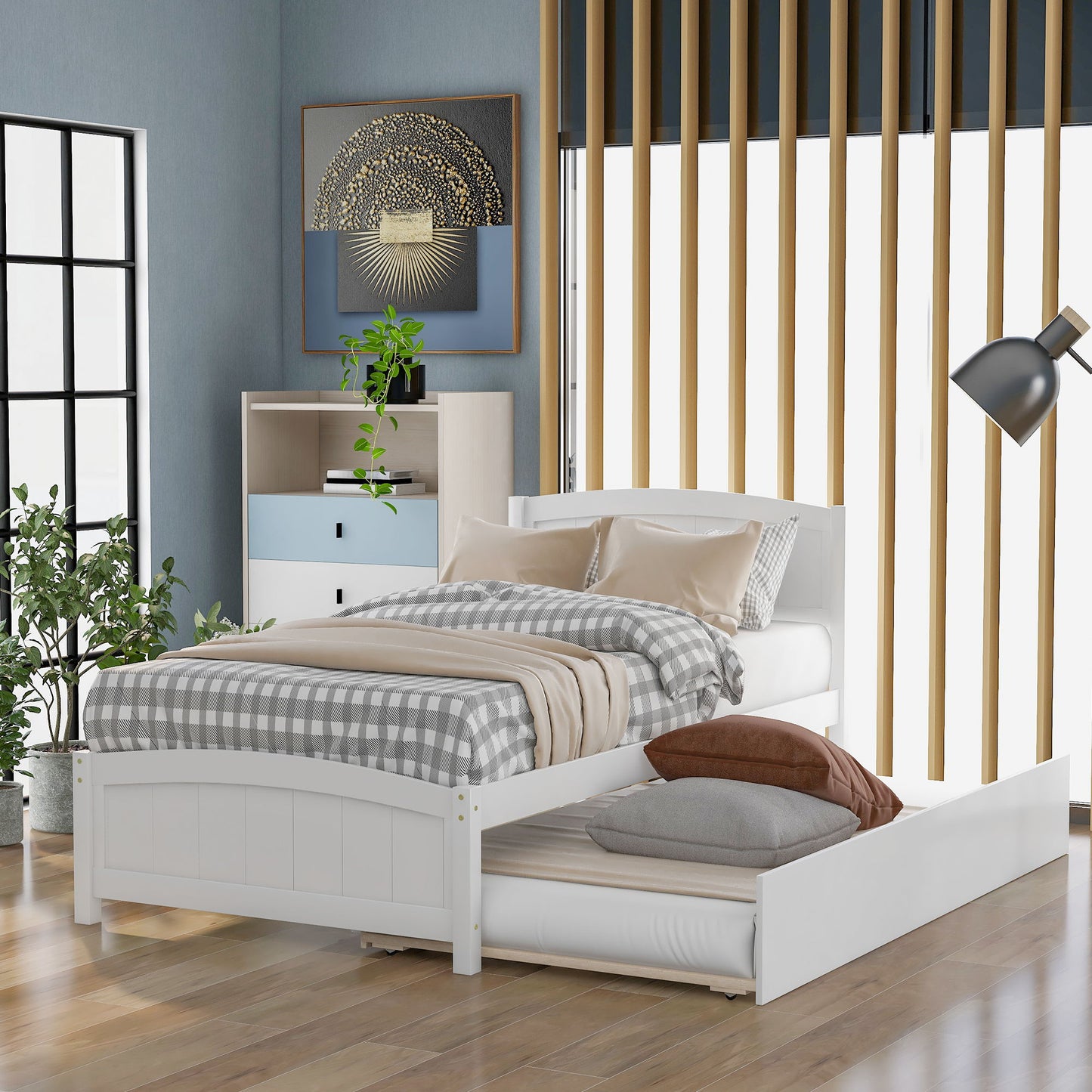 Twin Size, Platform Bed With Trundle - White