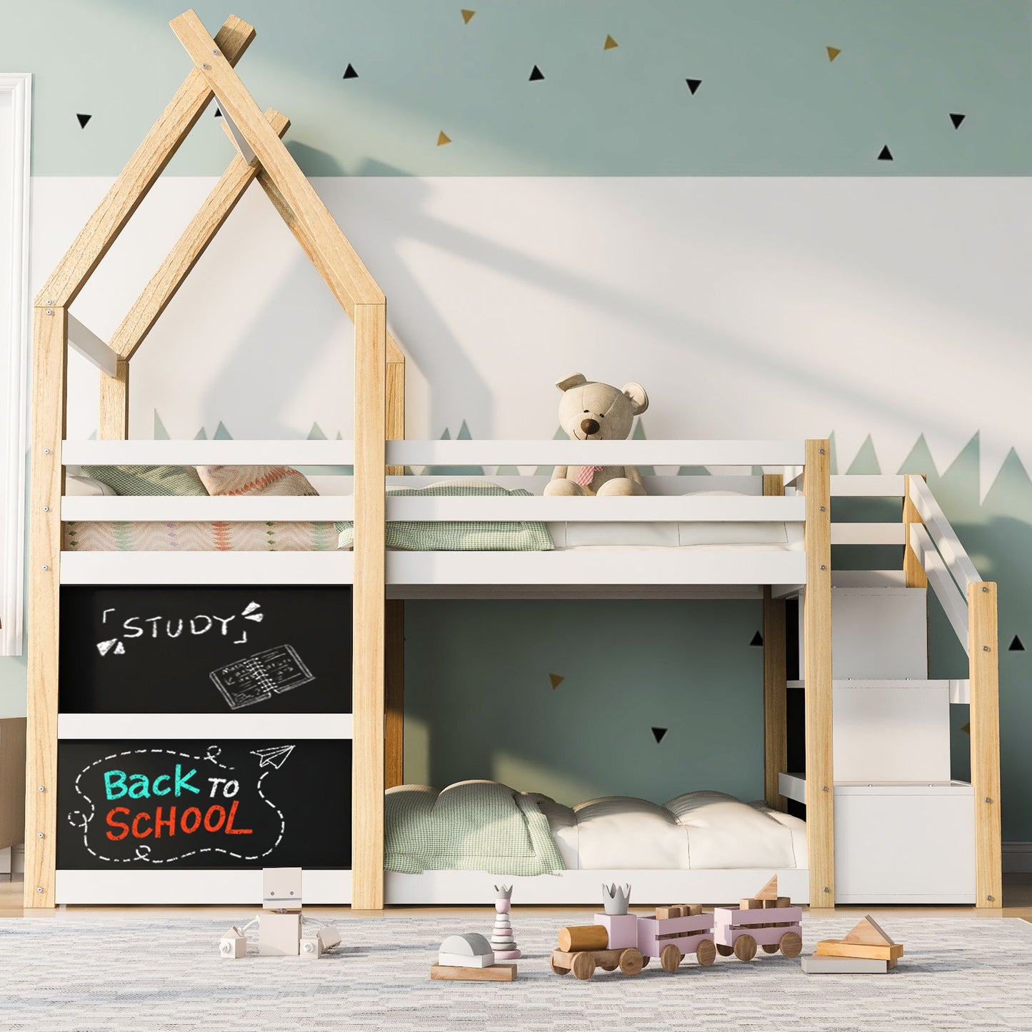 Twin Over Twin House Bunk Bed With White Storage Staircase And 2 Blackboards - White / Natural