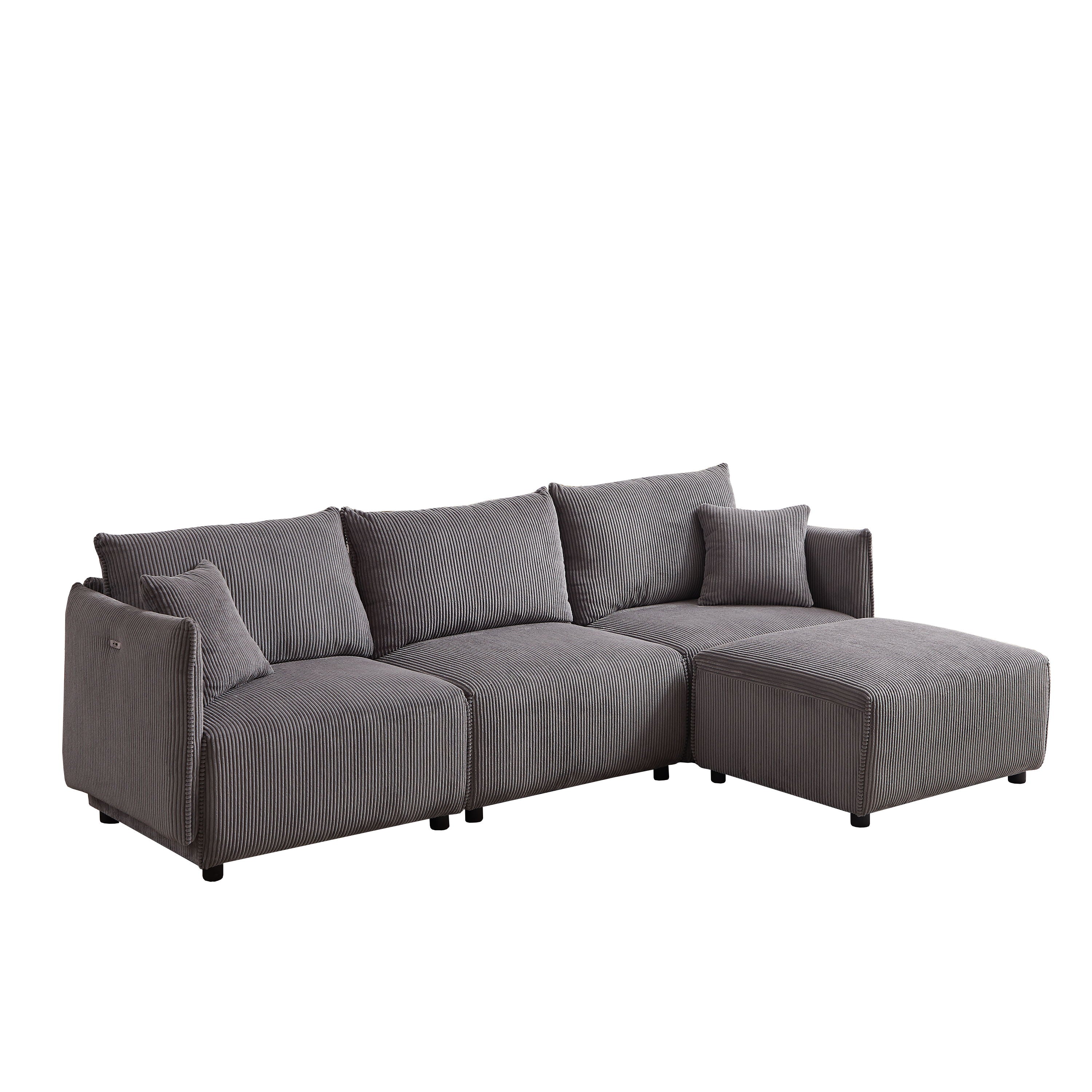 Multi Module Combination Style Sofa For Living Room And Other Lounge Spaces, Modern Minimalist Corduroy Combination Sofa With 2 Comfort Cushions With USB & C Charging Ports, 2 Sets - Gray