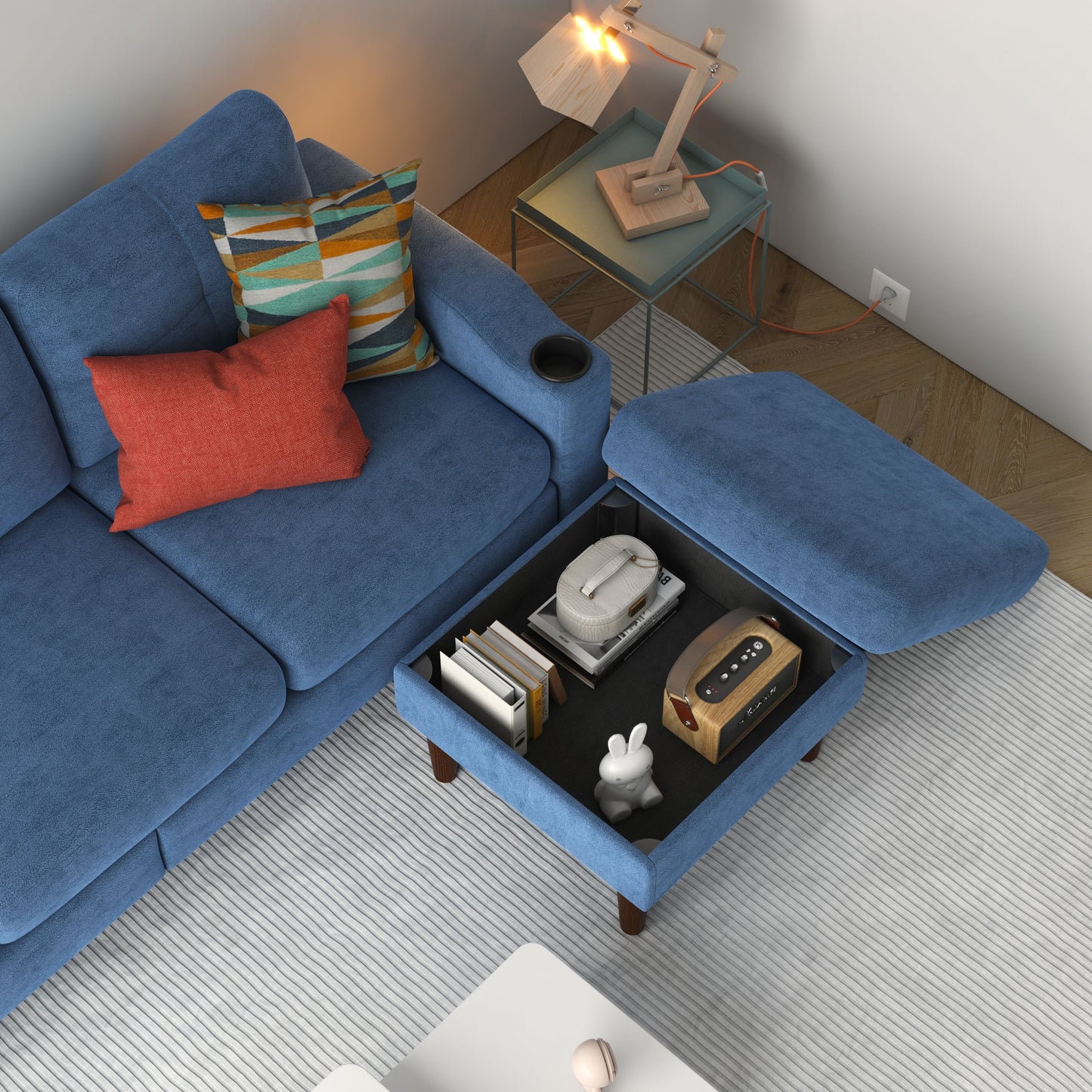 Convertible Combination Sofa, Sofa L Shaped, Sofa With Storage Cabinet Footstool, Living Room Sofa, Living Room 3 Seater Combination Sofa - Navy Blue