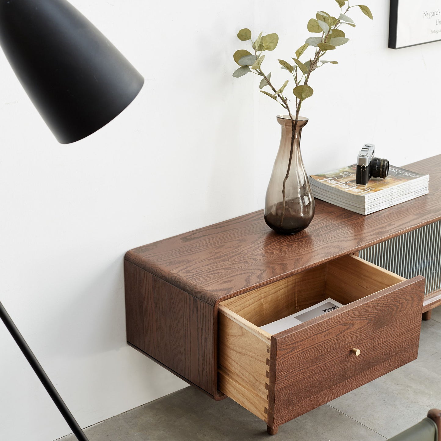 TV Cabinet With Chinese Changhong Glass Doors, Two Drawer Storage Space TV Standing - Walnut