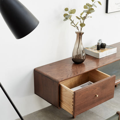 TV Cabinet With Chinese Changhong Glass Doors, Two Drawer Storage Space TV Standing - Walnut