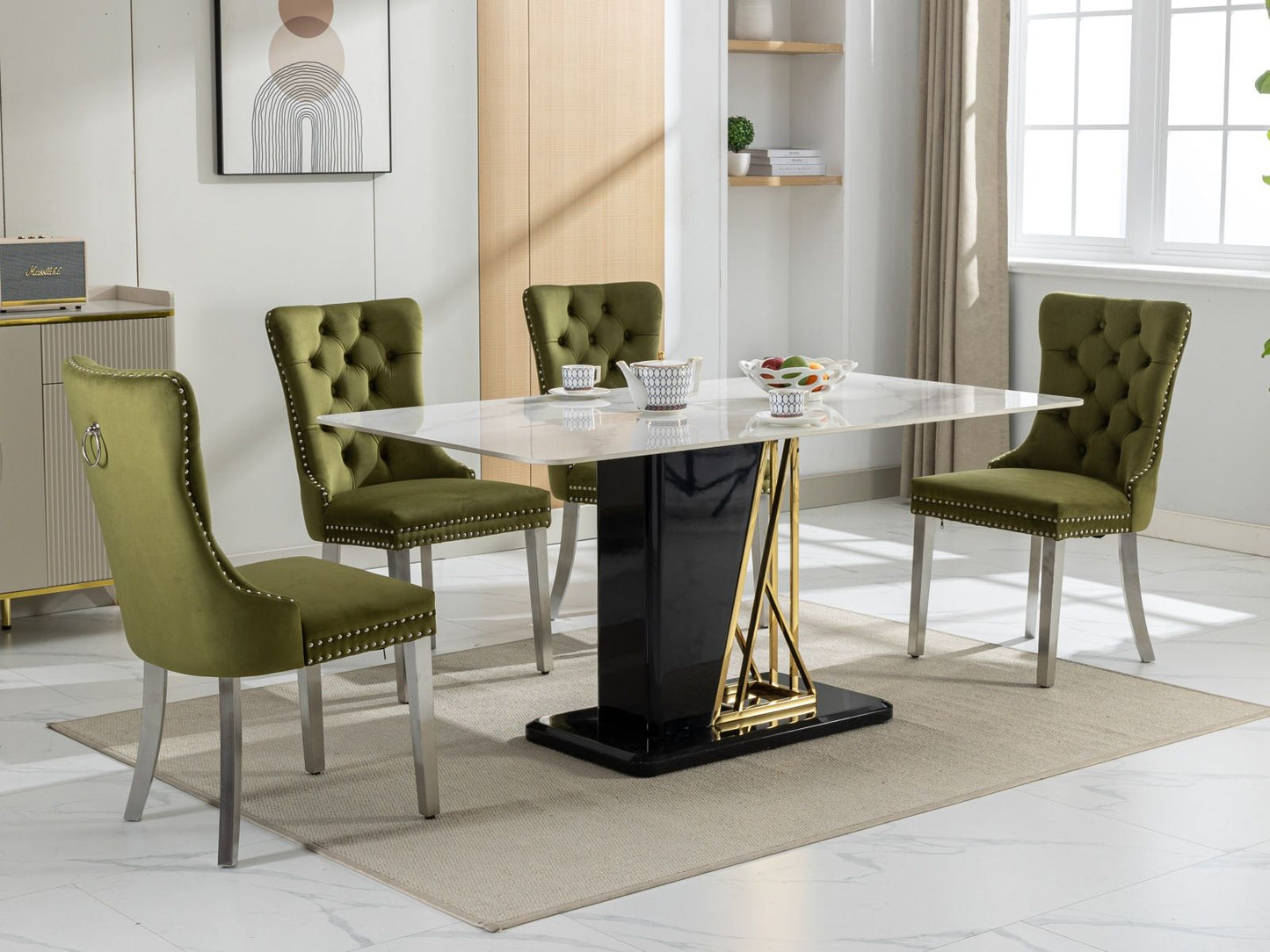 Nikki - Modern, High-End Tufted Solid Wood Contemporary Velvet Upholstered Dining Chair With Chrome Stainless Steel Plating Legs, Nailhead Trim (Set of 2) - Olive Green / Chrome