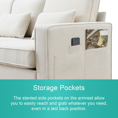 4 Seater Modern Linen Sofa With Armrest Pockets And 4 Pillows, Minimalist Style Couch - Beige
