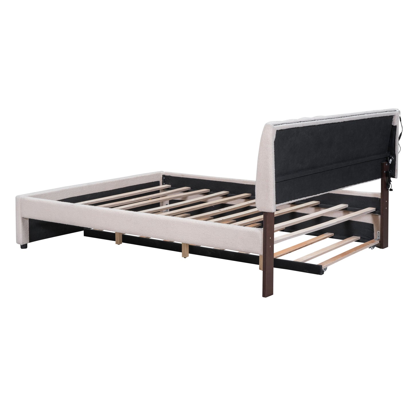 Queen Size Upholstered Platform Bed With Twin Long Trundle - Beige