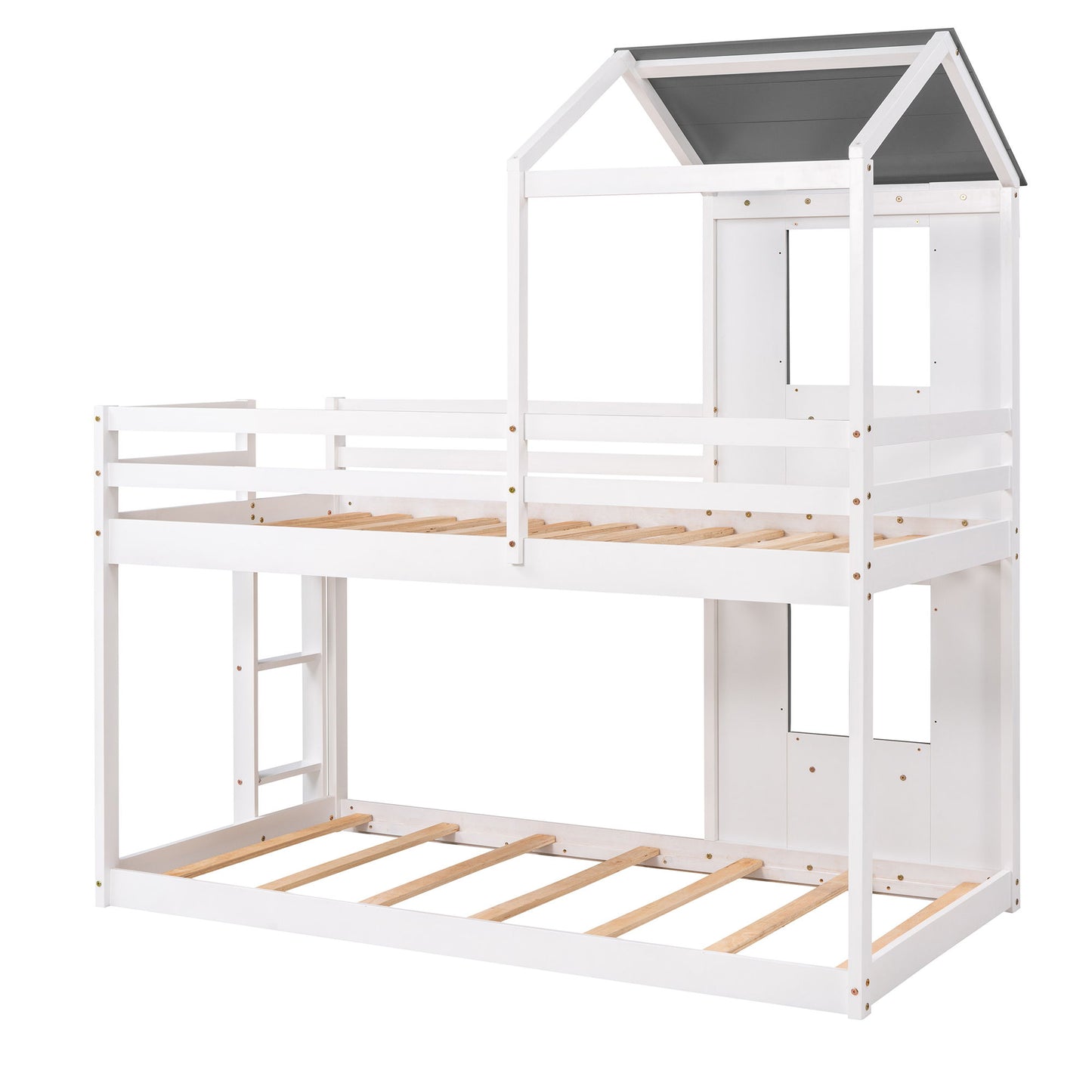 Twin Over Twin Bunk Bed & Roof, Window, Guardrail, Ladder - White