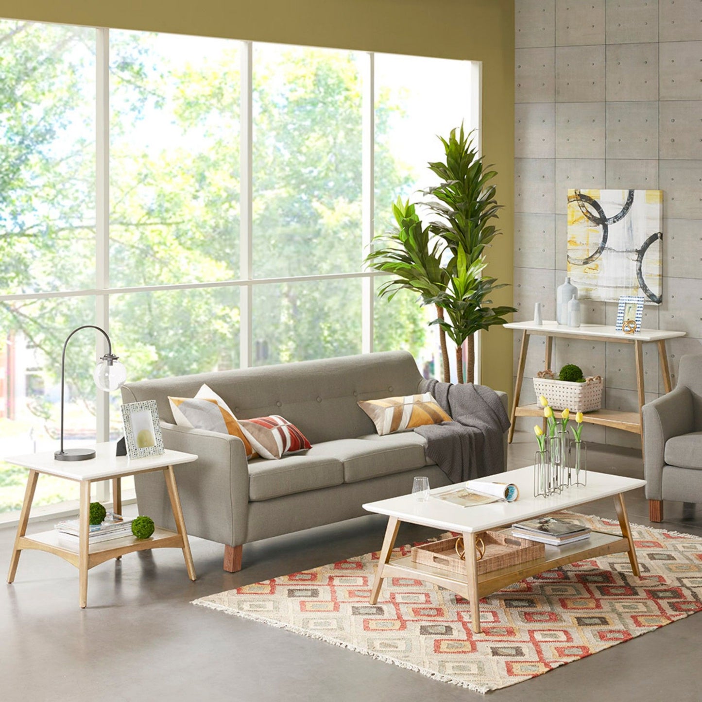 Mid - Century End Table With Storage Shelf - Off White / Natural