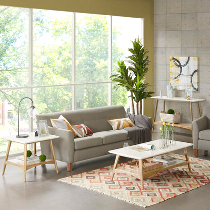 Mid - Century End Table With Storage Shelf - Off White / Natural