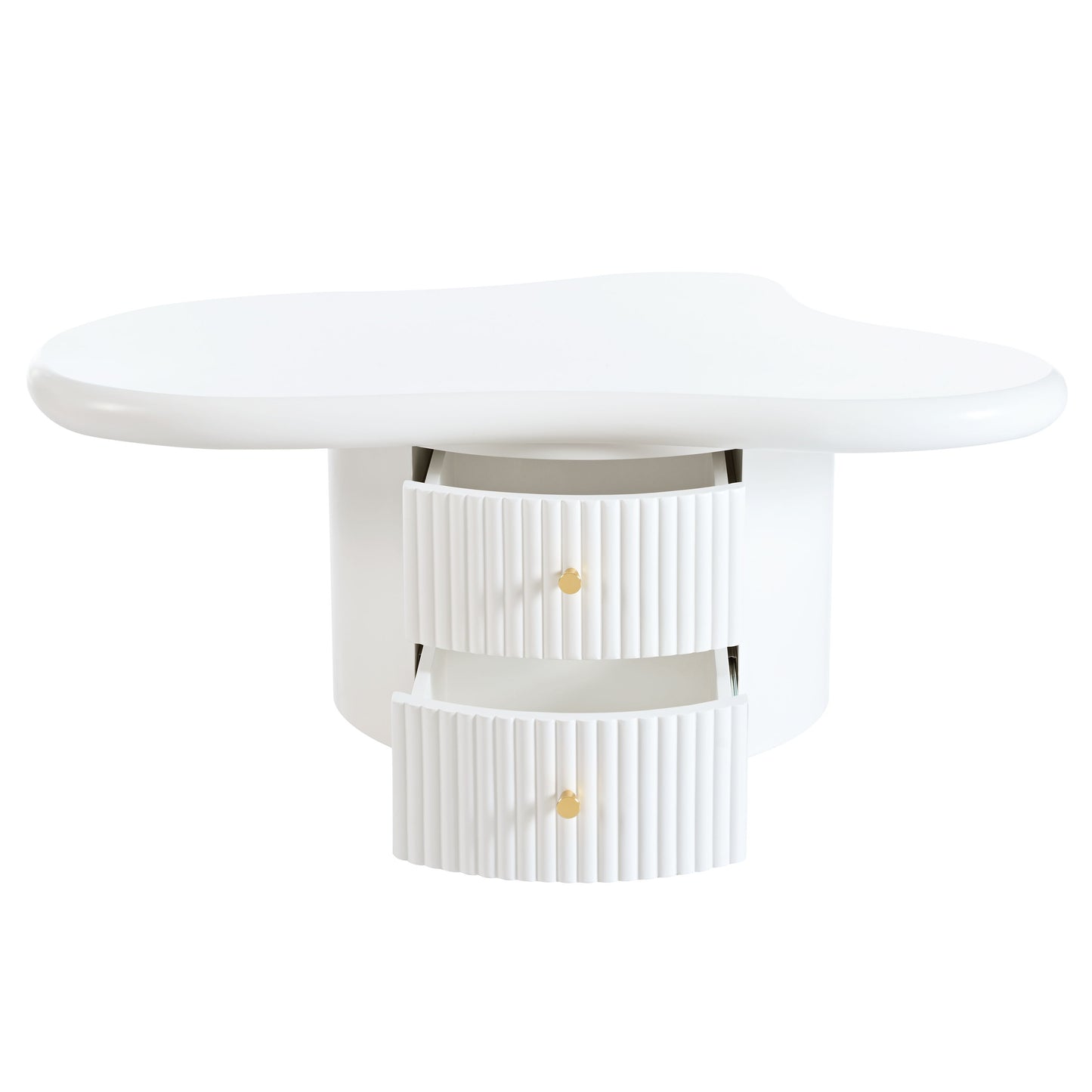 Cloud - Coffee Table (Set of 3), Irregular Shape Coffee Table With 2 Drawers, 2 Small Stools For Living Room - White
