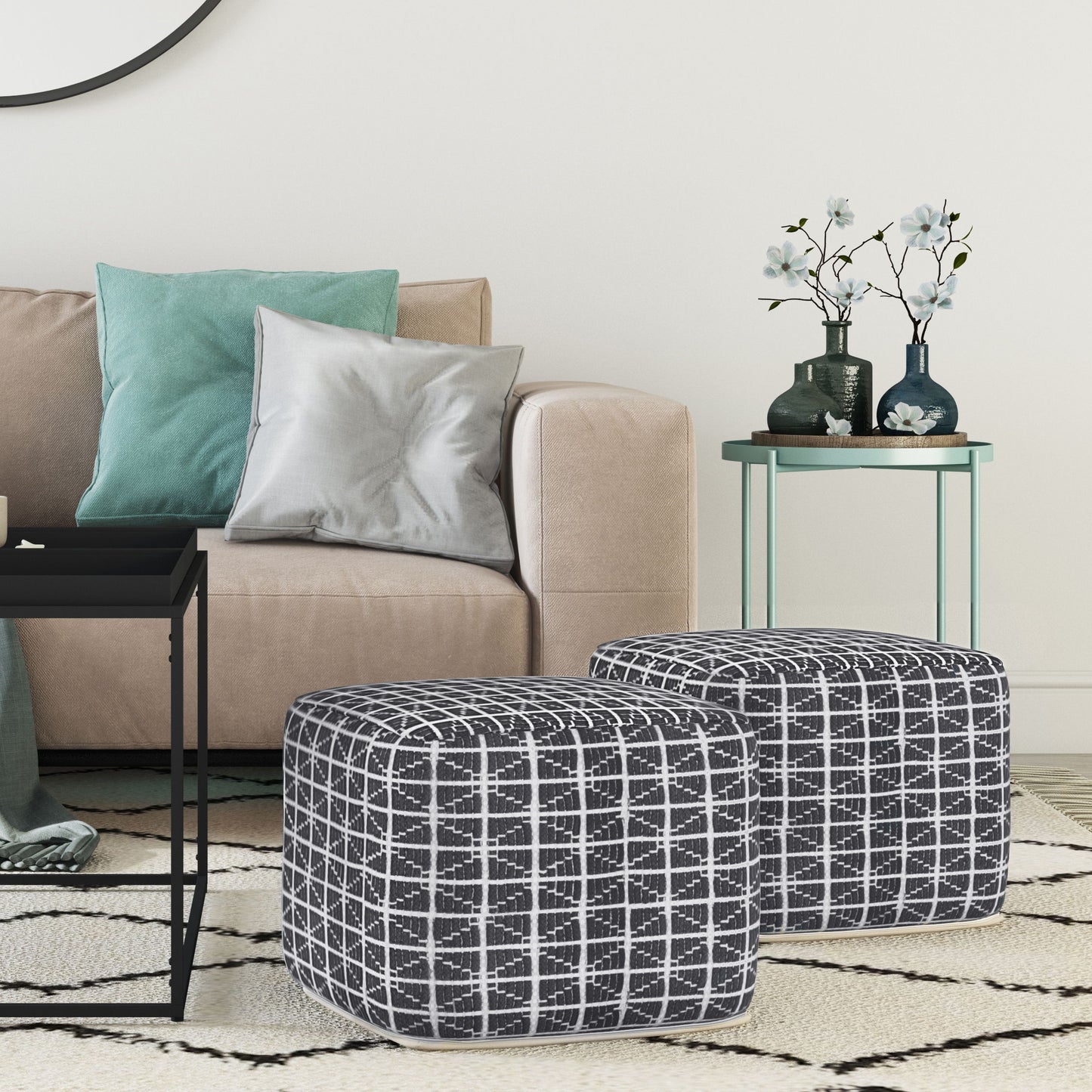 Noreen - Square Pouf - Slate Gray / White