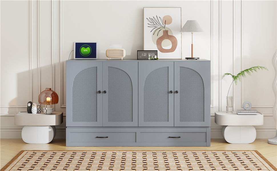 Queen Size Murphy Bed With Large Drawers - Gray