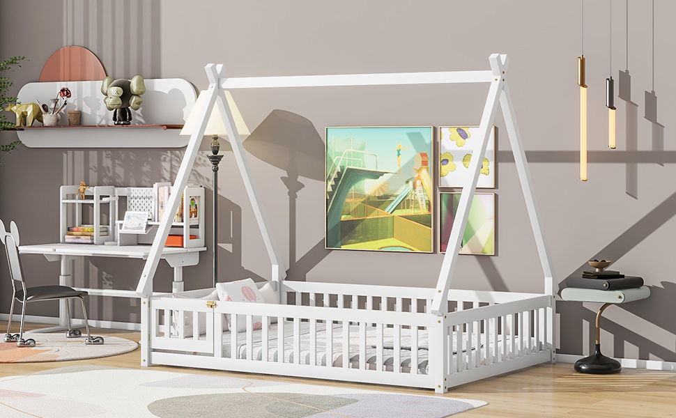 Full Tent-Shaped Floor Bed, With Guardrails, Slats, Door - White