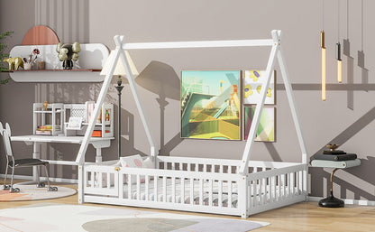 Full Tent-Shaped Floor Bed, With Guardrails, Slats, Door - White