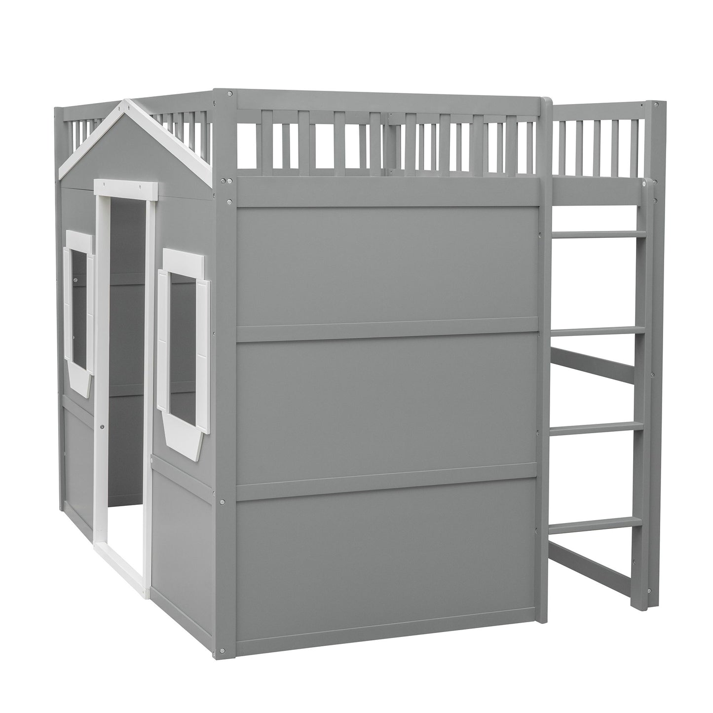 Full Size House Loft Bed With Ladder - Gray / White