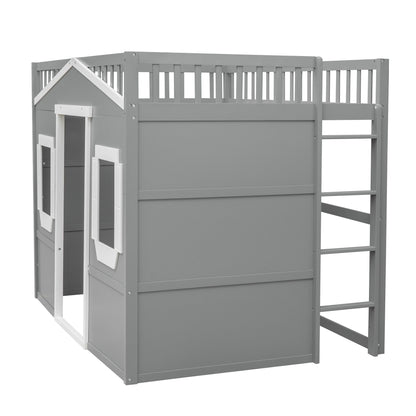 Full Size House Loft Bed With Ladder - Gray / White