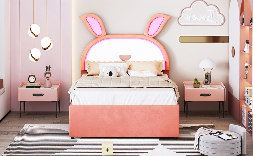 Full Size Upholstered Platform Bed With Trundle And 3 Drawers, Rabbit-Shaped Headboard With Embedded LED Lights - Pink