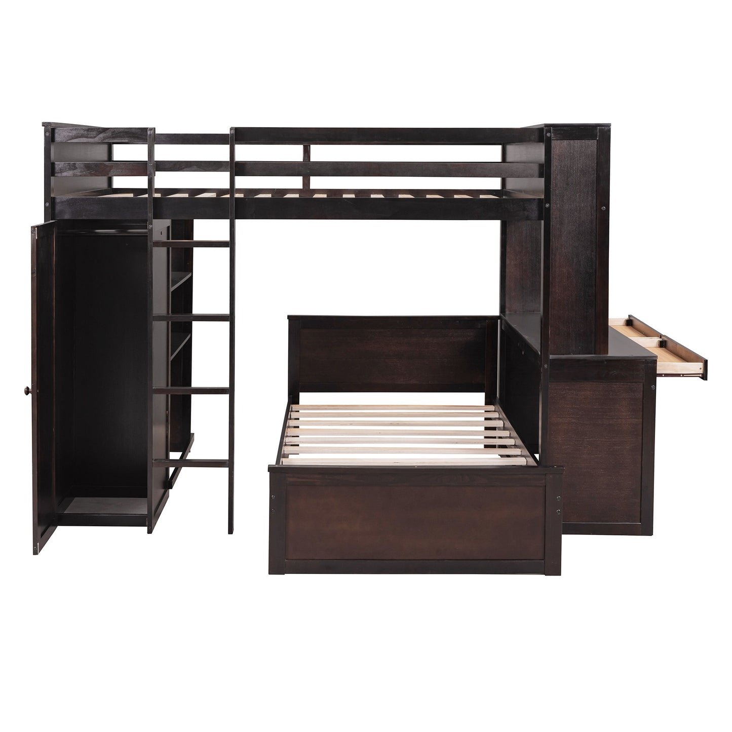 Full Size Loft Bed With A Twin Size Standalone Bed, Shelves, Desk, And Wardrobe - Espresso