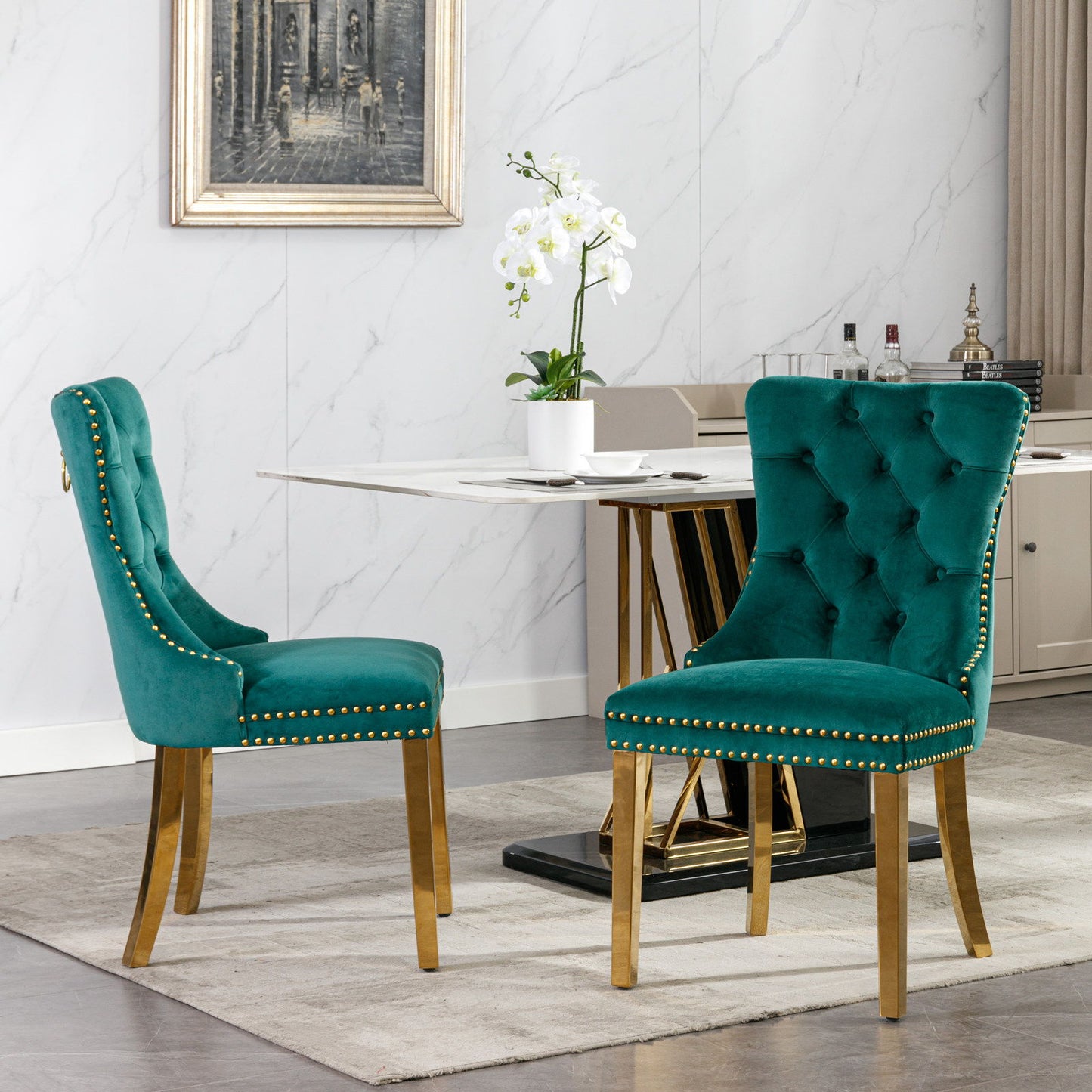 Nikki - Modern, High-End Tufted Solid Wood Contemporary Velvet Upholstered Dining Chair With Golden Stainless Steel Plating Legs, Nailhead Trim (Set of 2) - Green