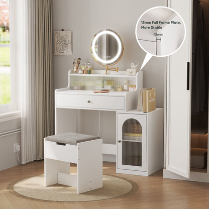 White Vanity Desk With 360ÔøΩÔøΩ Rotated Mirror And Adjustable Lights, Girls Makeup Vanity Table With Storage Chair And Side Cabinet - Antique White