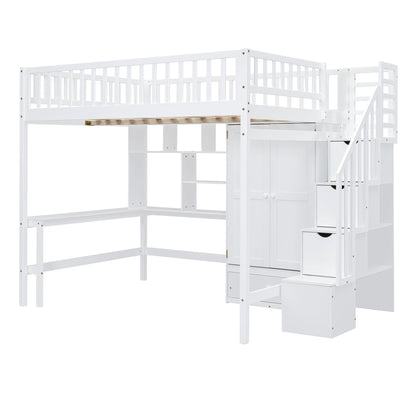 Full Size Loft Bed With Bookshelf, Drawers, Desk, And Wardrobe - White