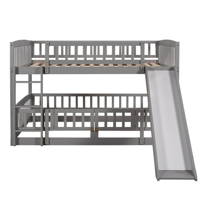 Full Over Full Low Bunk Bed With Slide, Fence And Ladder - Gray