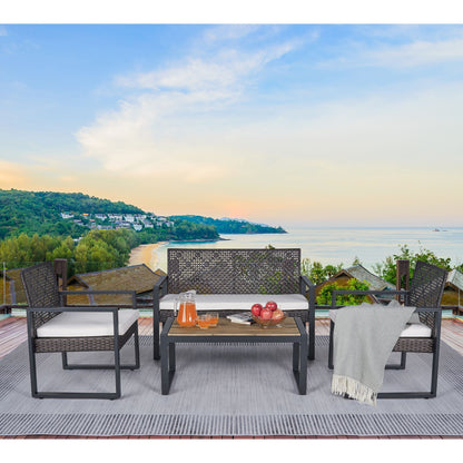 Modern 4 Piece Patio Furniture Set With Acacia Wood Table Top And Beige Cushions - Brown