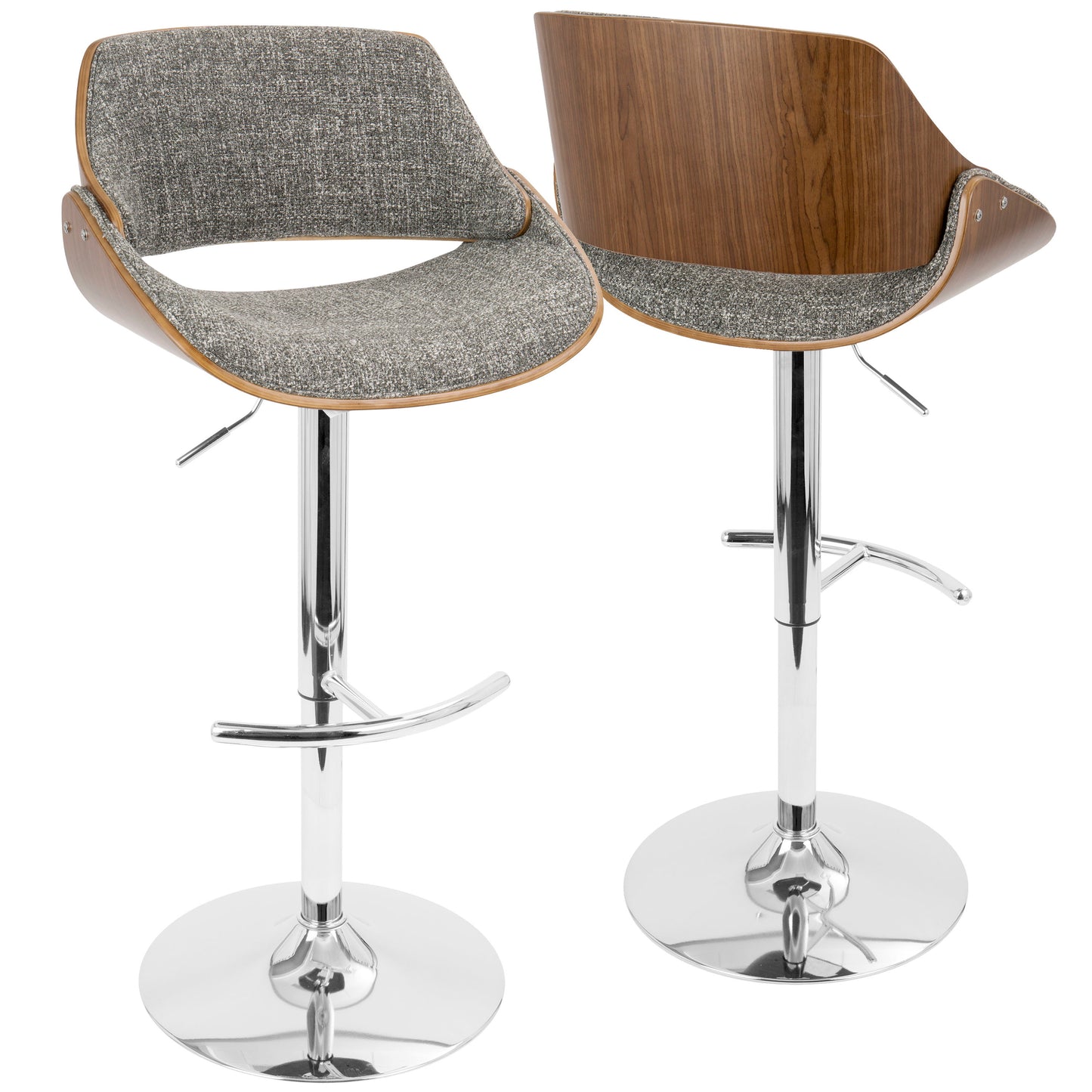 Fabrizzi - Mid-Century Modern Adjustable Barstool With Swivel (Set of 2) - Chrome / Walnut / Gray