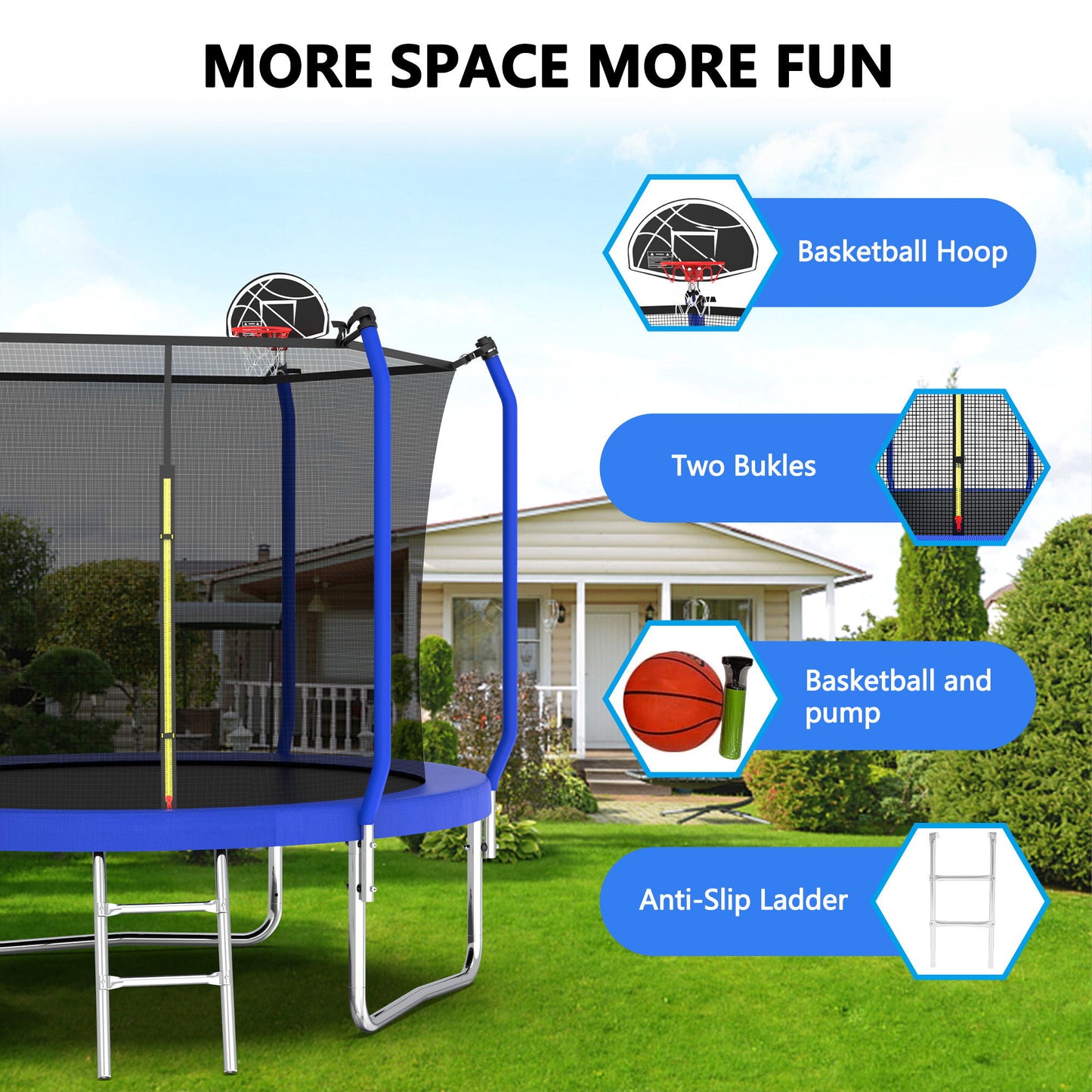 8Ft Trampoline With Basketball Hoop, Astm Approved Reinforced Type Outdoor Trampoline With Enclosure Net - Blue