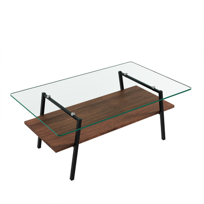 Rectangle Coffee Table, Tempered Glass Tabletop With Metal Legs, Modern Table For Living Room, Transparent Glass - Dark Brown