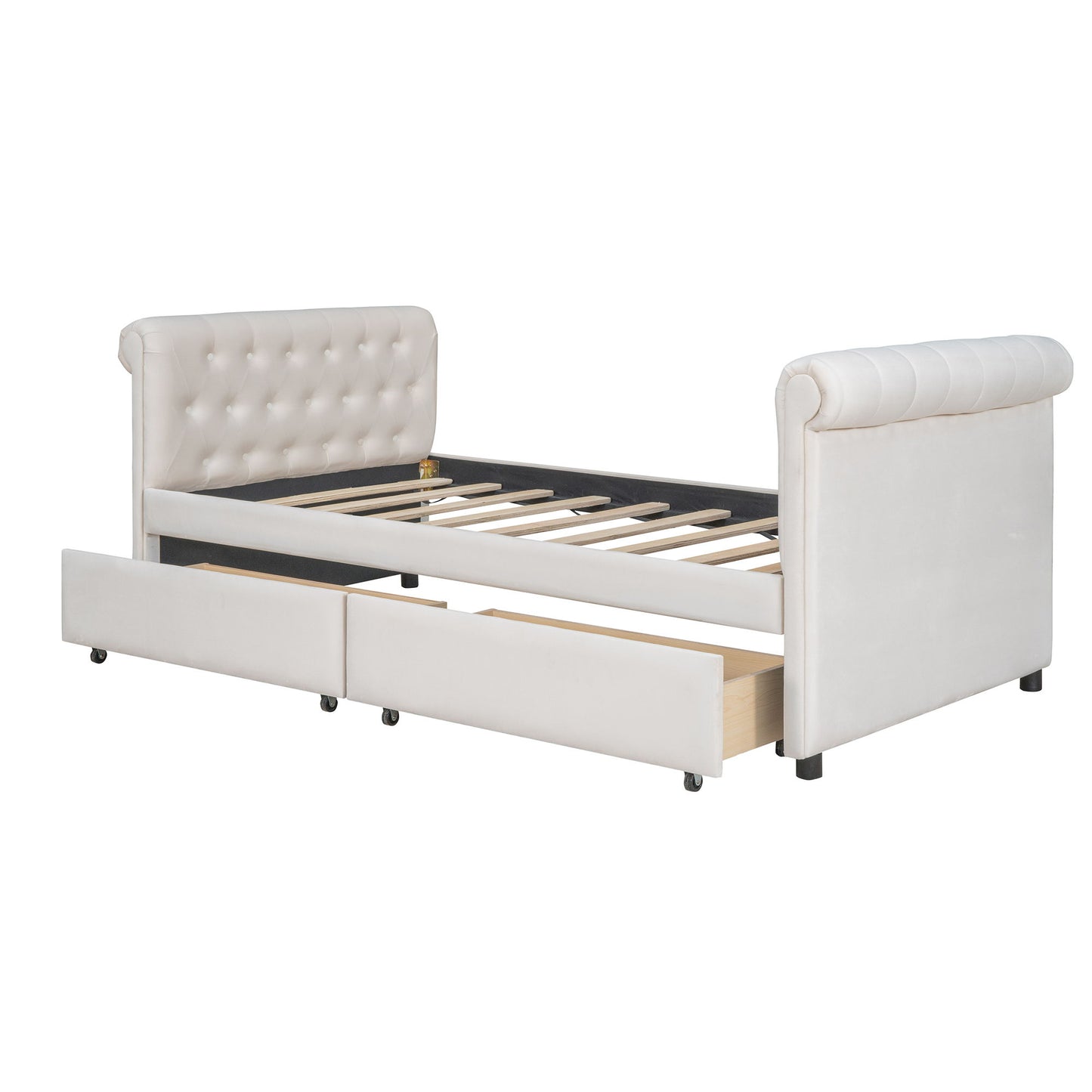 Twin Size Upholstered Daybed With Drawers, Slat Support - Beige
