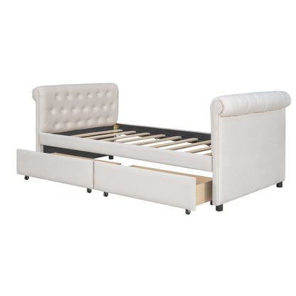 Twin Size Upholstered Daybed With Drawers, Slat Support - Beige
