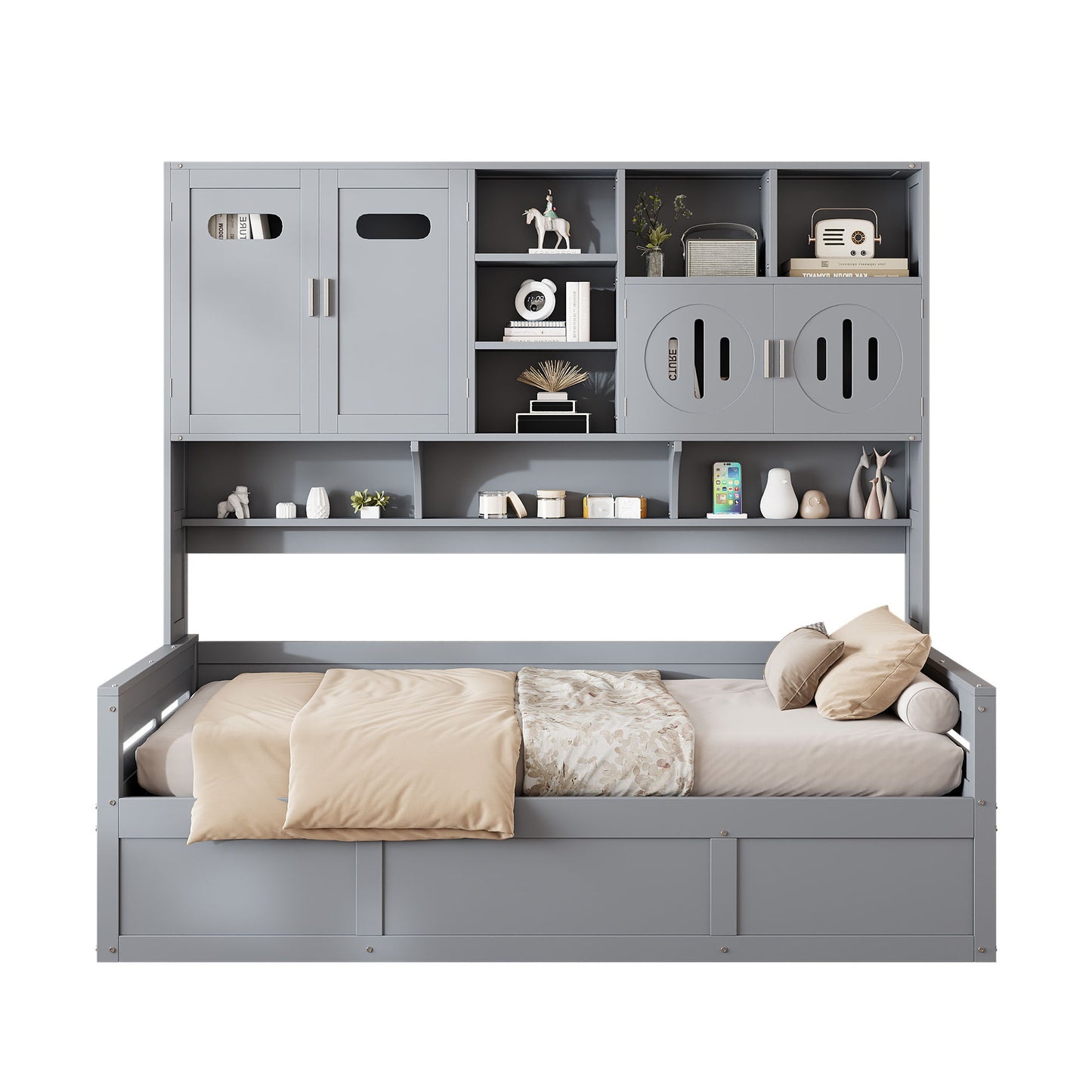 Twin Size Wooden Daybed With Hydraulic Bed And All In One Cabinet And Shelf - Gray