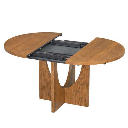 Topmax - 5 Piece Modern Extendable Round Dining Table Set With Removable Leaf For Small Places - Walnut / Beige