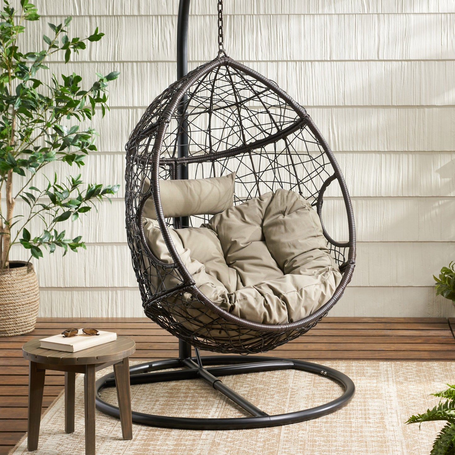 Kylie - Hanging Basket Chair Brown Cozy Rattan Design With Water Resistant Cushions - Khaki / Brown