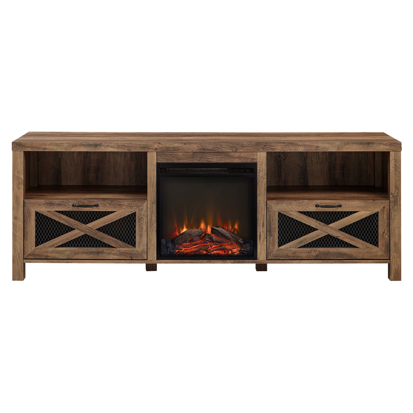 Industrial Farmhouse Metal Mesh Drop Down X Door 70" Fireplace TV Stand For 80" TVs - Rustic Oak