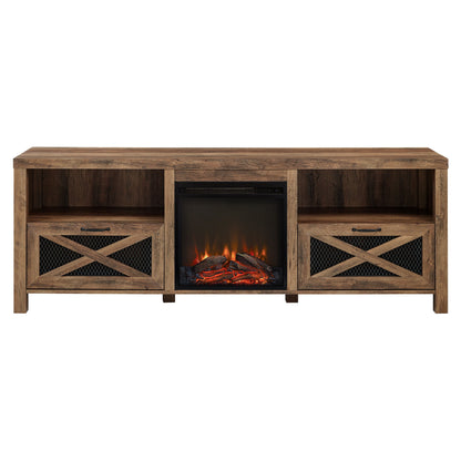 Industrial Farmhouse Metal Mesh Drop Down X Door 70" Fireplace TV Stand For 80" TVs - Rustic Oak