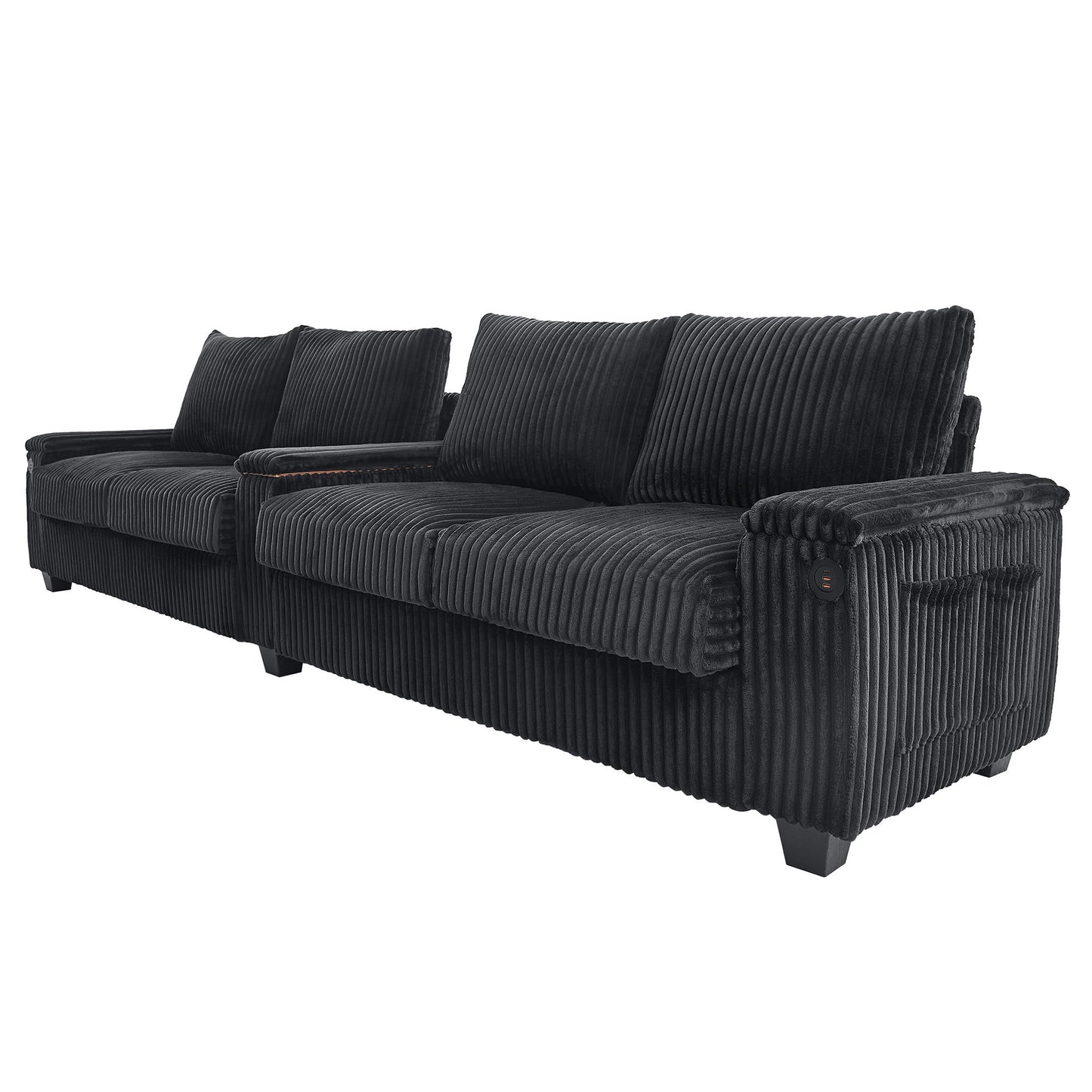 Modern 4 Seater Corduroy Sofa Couch With USB Ports And Hidden Storage - Black