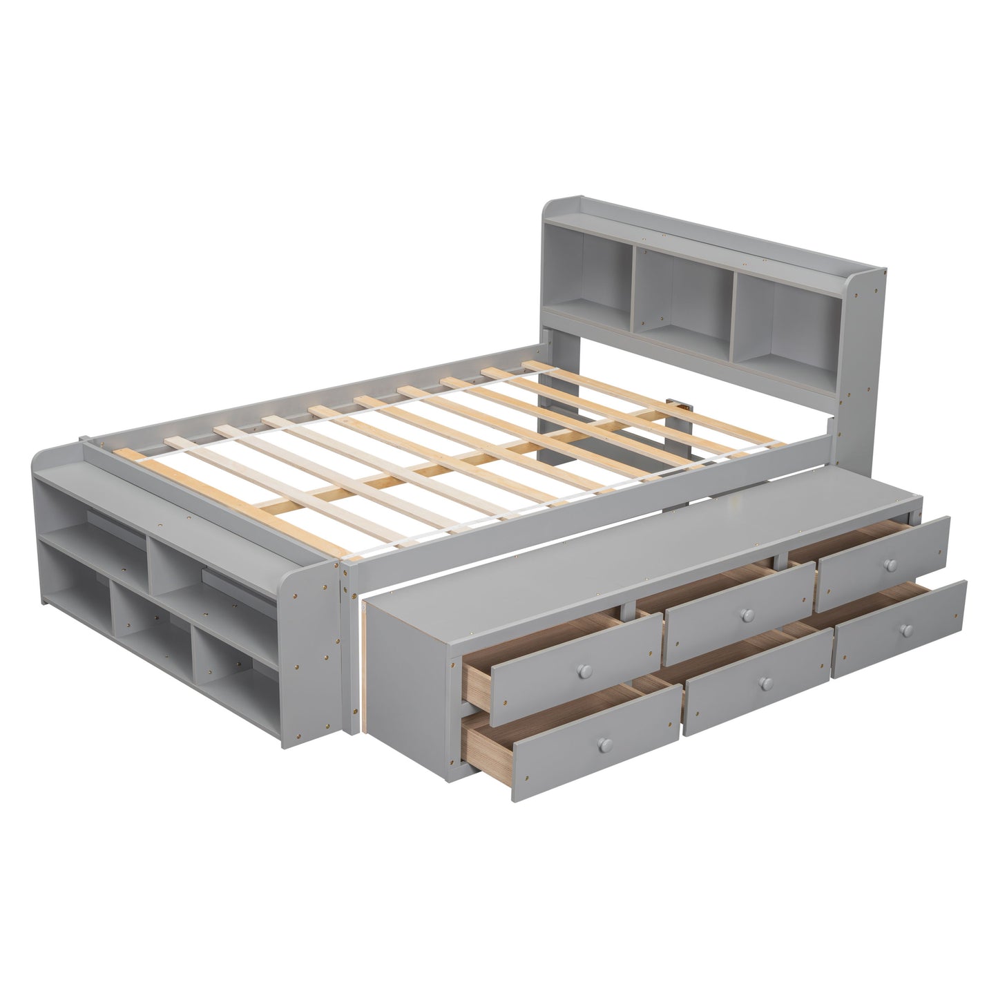 Full Bed With Bookcase Headboard, Under Bed Storage Drawers And Bed End Storage Case - Gray
