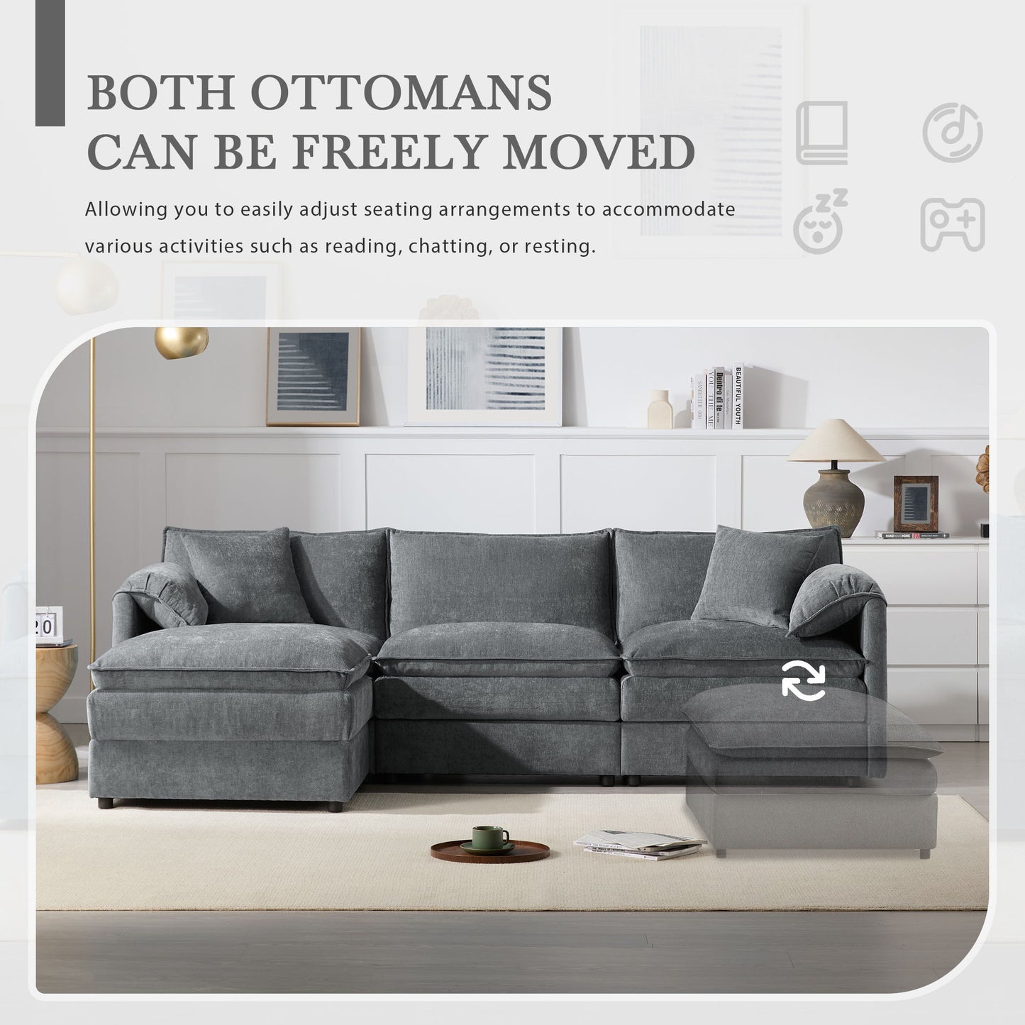 Modular Sectional With Deep And Wide Seat, L Shaped Cloud Couch Set With Double Cushions 4 Seat Sofa With Movable Ottoman Oversized - Dark Gray