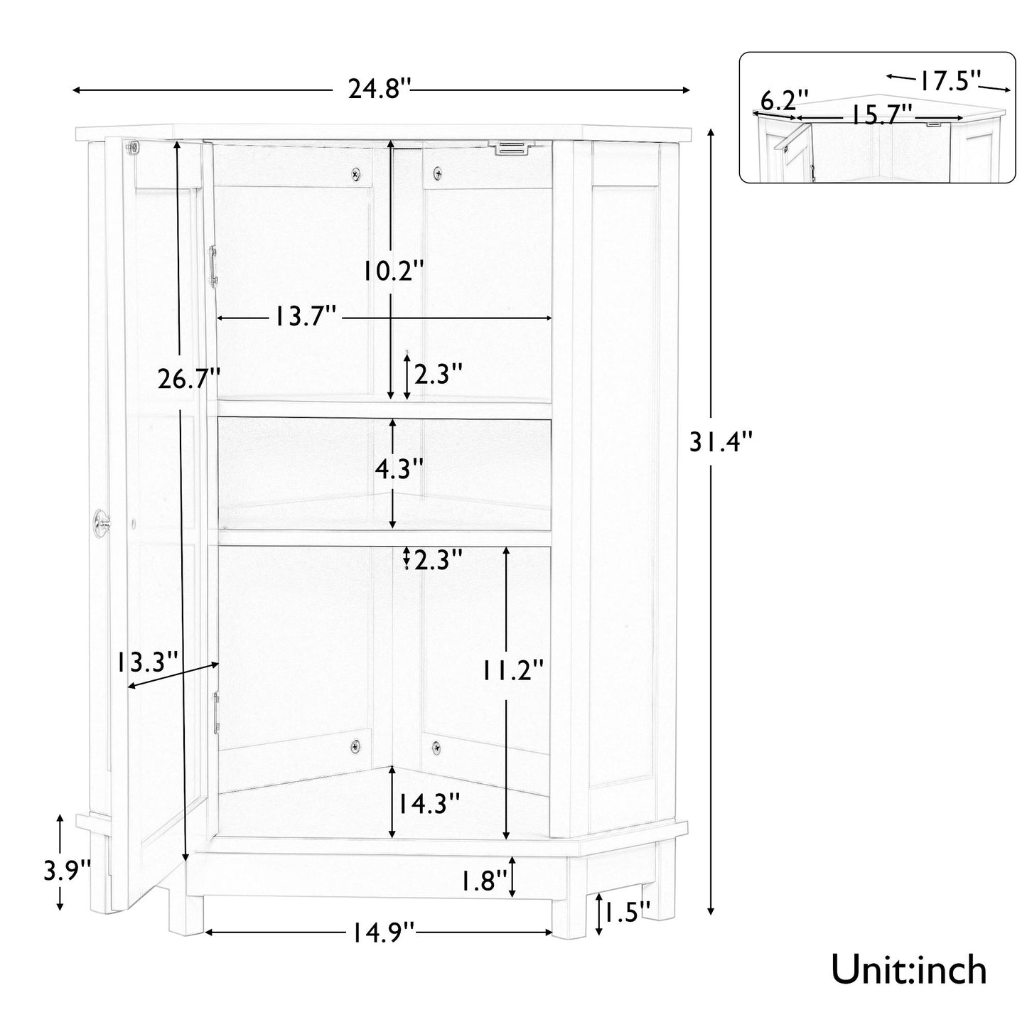 Bathroom Cabinet Triangle Corner Storage Cabinet With Adjustable Shelf Modern Style - White